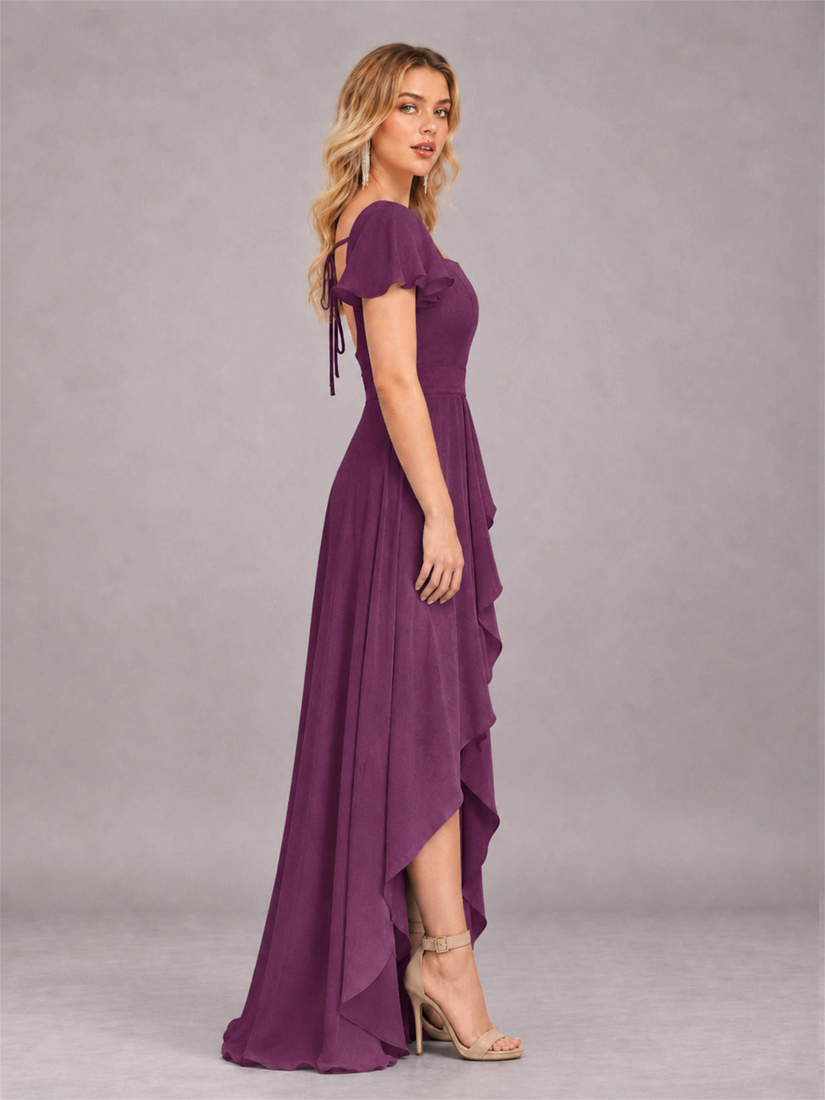 Plum Refined High Low Ruffles Chiffon Bridesmaid Dress with Belt