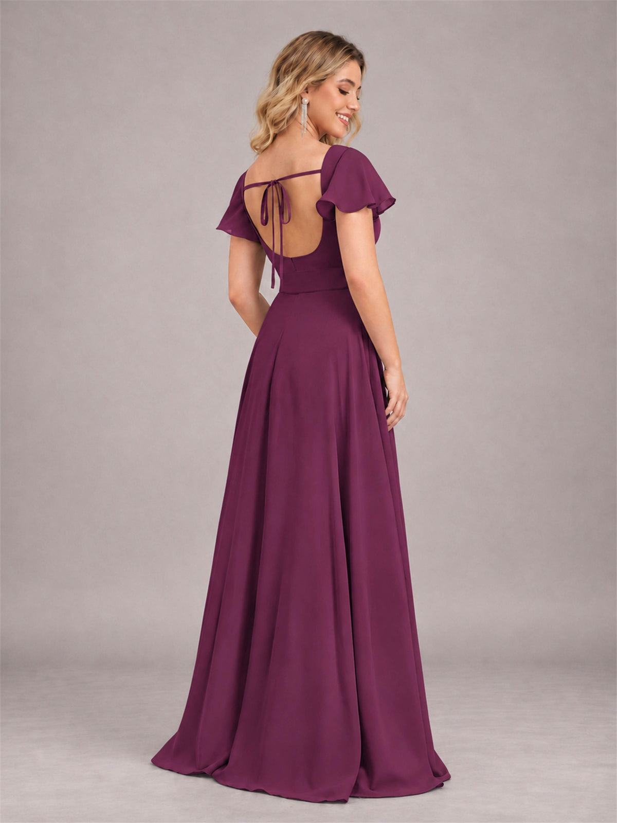 Plum Refined High Low Ruffles Chiffon Bridesmaid Dress with Belt