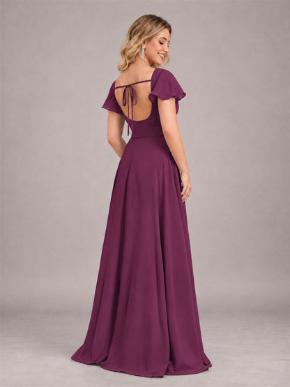 Plum Refined High Low Ruffles Chiffon Bridesmaid Dress with Belt