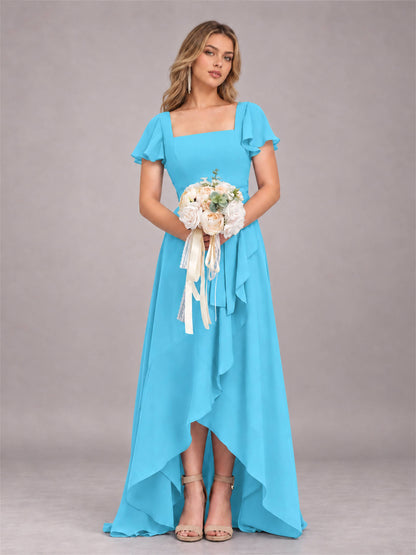 Pool Refined High Low Ruffles Chiffon Bridesmaid Dress with Belt