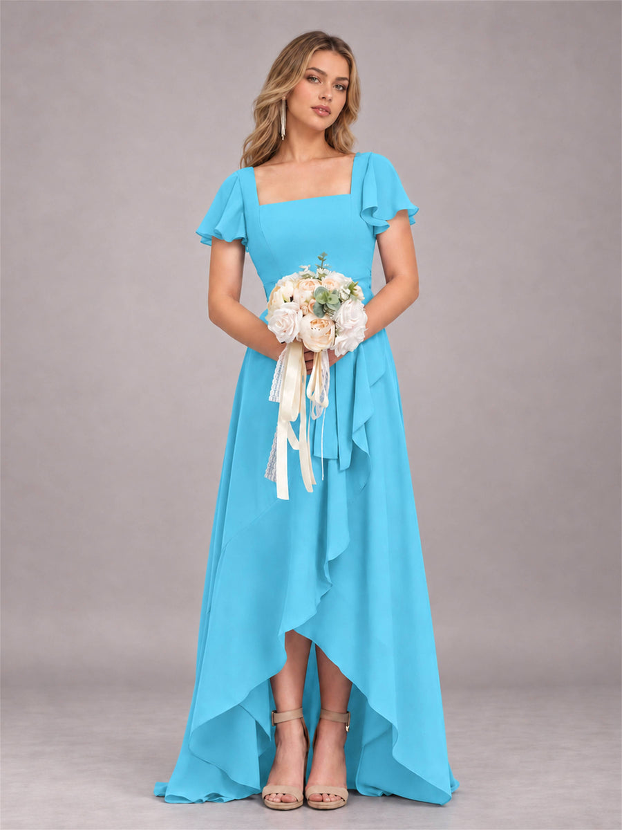 Pool Refined High Low Ruffles Chiffon Bridesmaid Dress with Belt