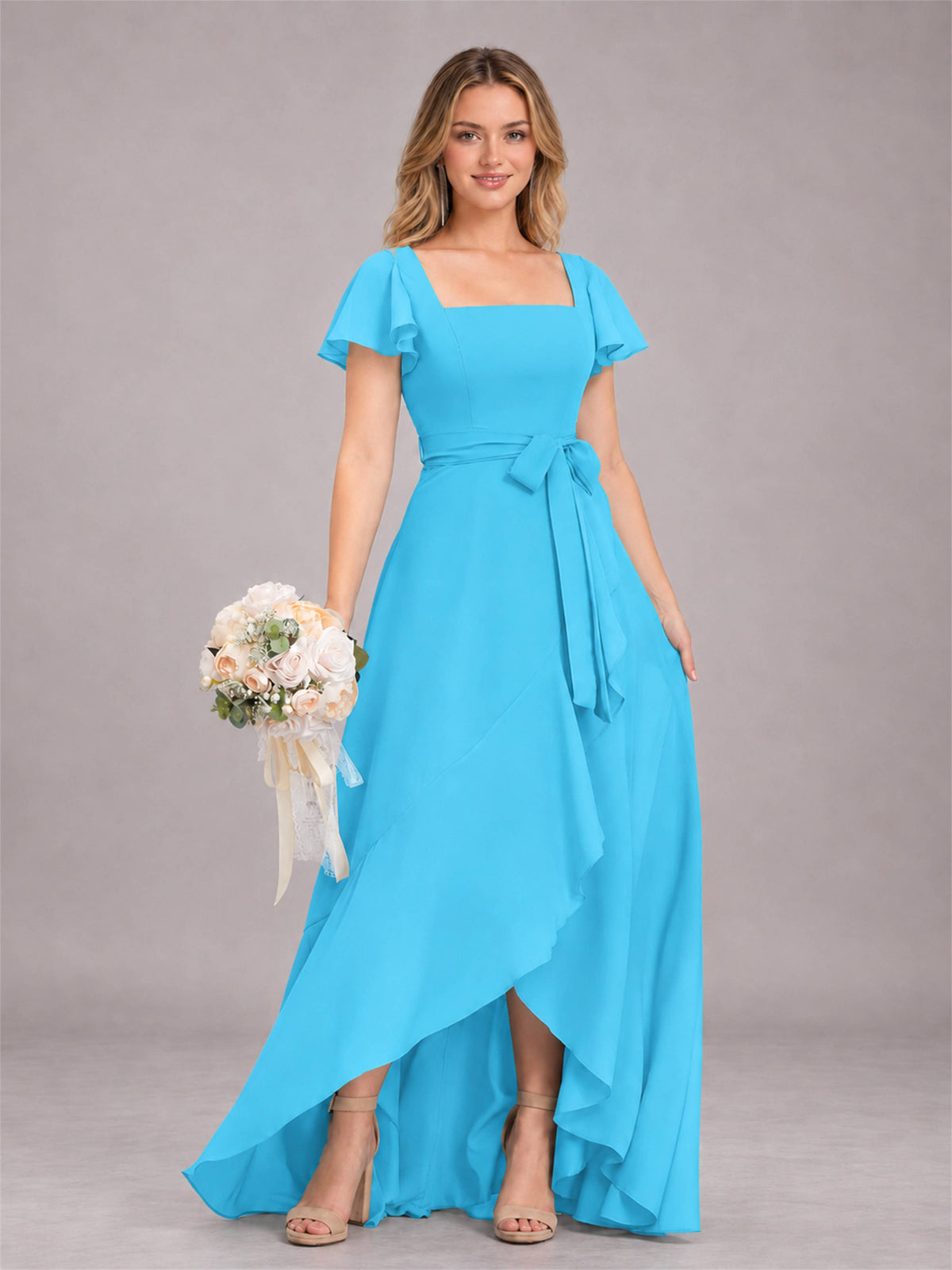 Pool Refined High Low Ruffles Chiffon Bridesmaid Dress with Belt
