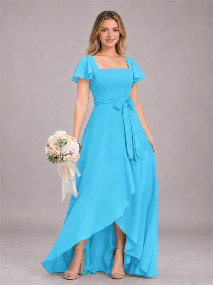 Pool Refined High Low Ruffles Chiffon Bridesmaid Dress with Belt