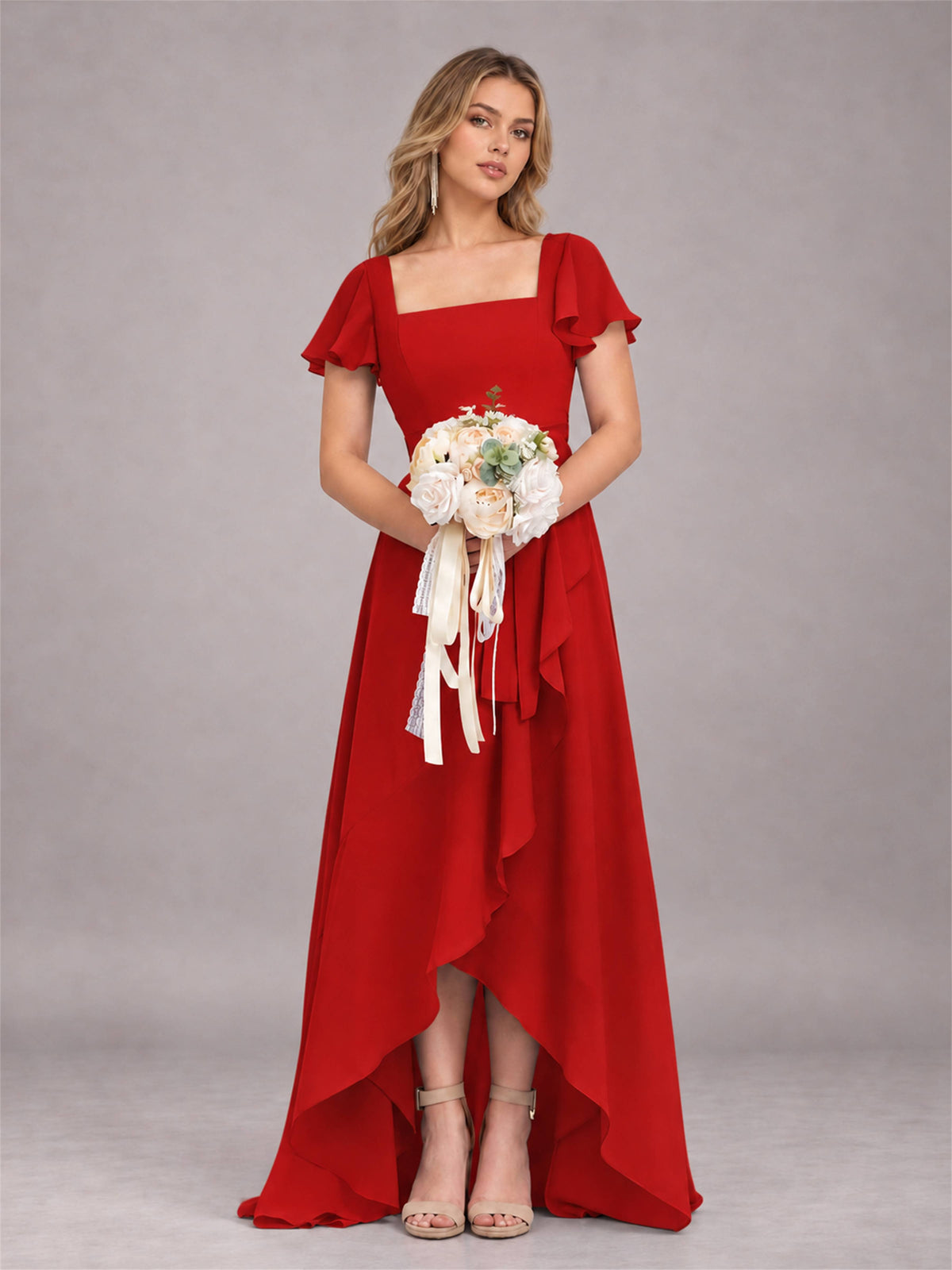 Red Refined High Low Ruffles Chiffon Bridesmaid Dress with Belt