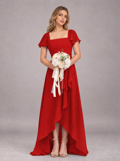 Red Refined High Low Ruffles Chiffon Bridesmaid Dress with Belt