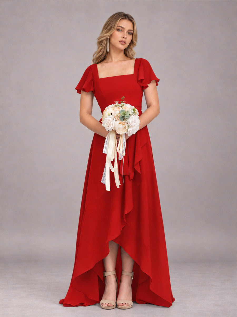Red Refined High Low Ruffles Chiffon Bridesmaid Dress with Belt