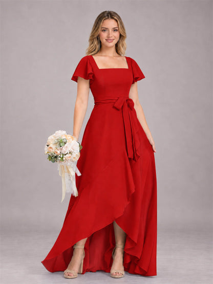 Red Refined High Low Ruffles Chiffon Bridesmaid Dress with Belt