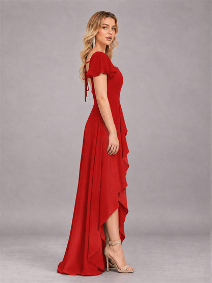 Red Refined High Low Ruffles Chiffon Bridesmaid Dress with Belt