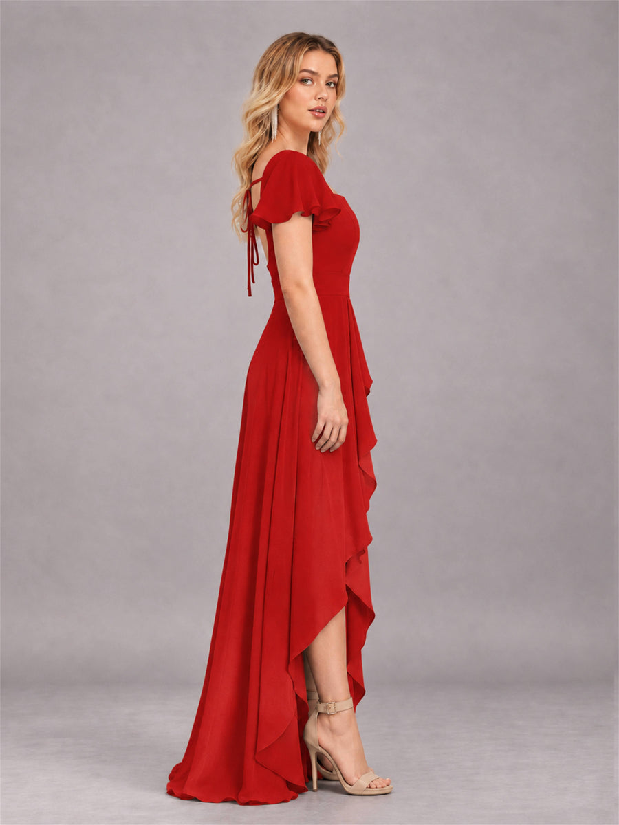 Red Refined High Low Ruffles Chiffon Bridesmaid Dress with Belt