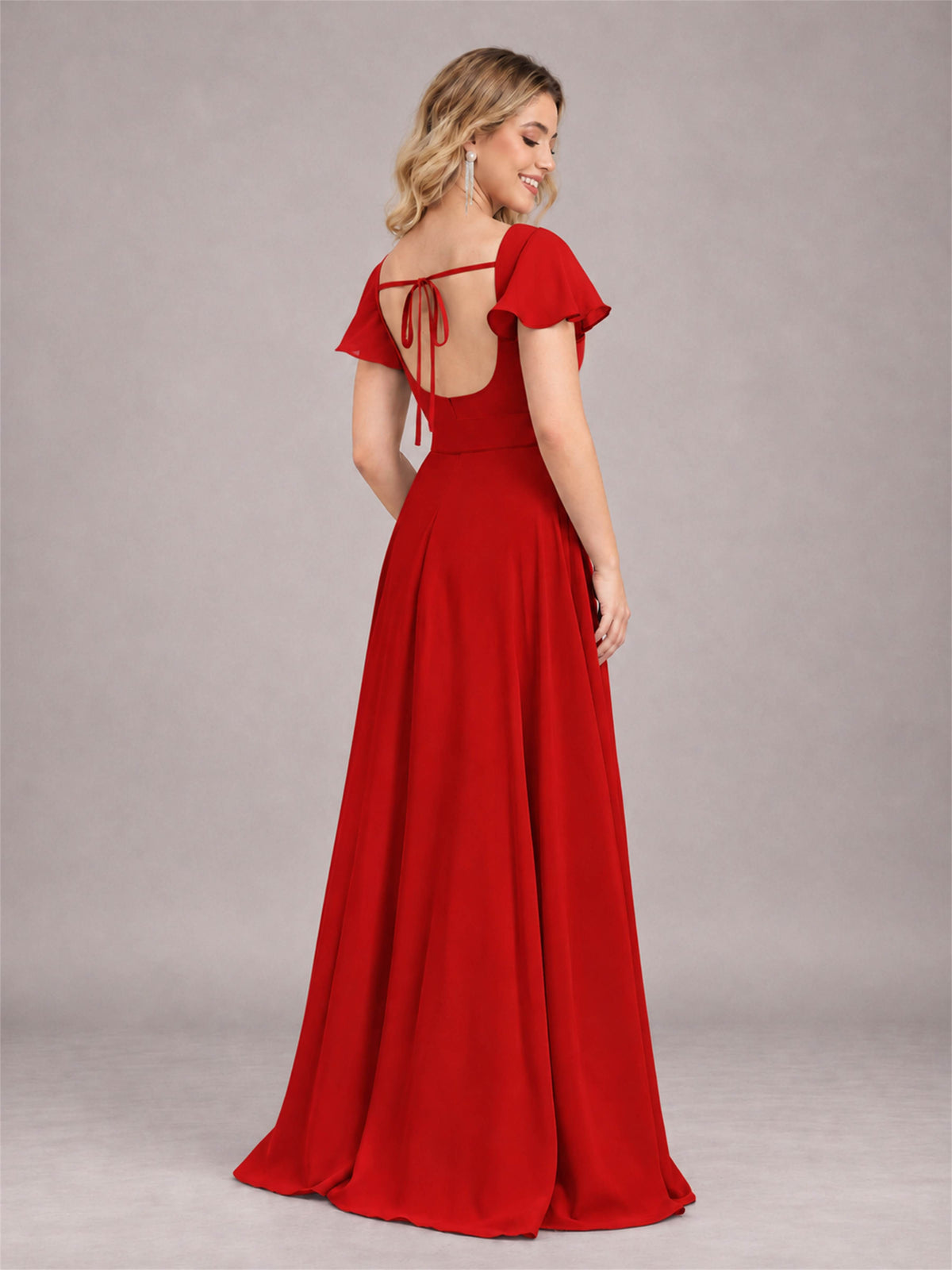 Red Refined High Low Ruffles Chiffon Bridesmaid Dress with Belt