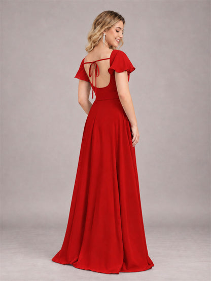 Red Refined High Low Ruffles Chiffon Bridesmaid Dress with Belt