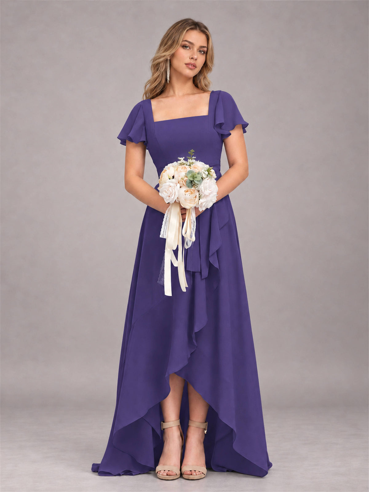 Regency Refined High Low Ruffles Chiffon Bridesmaid Dress with Belt