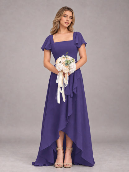 Regency Refined High Low Ruffles Chiffon Bridesmaid Dress with Belt