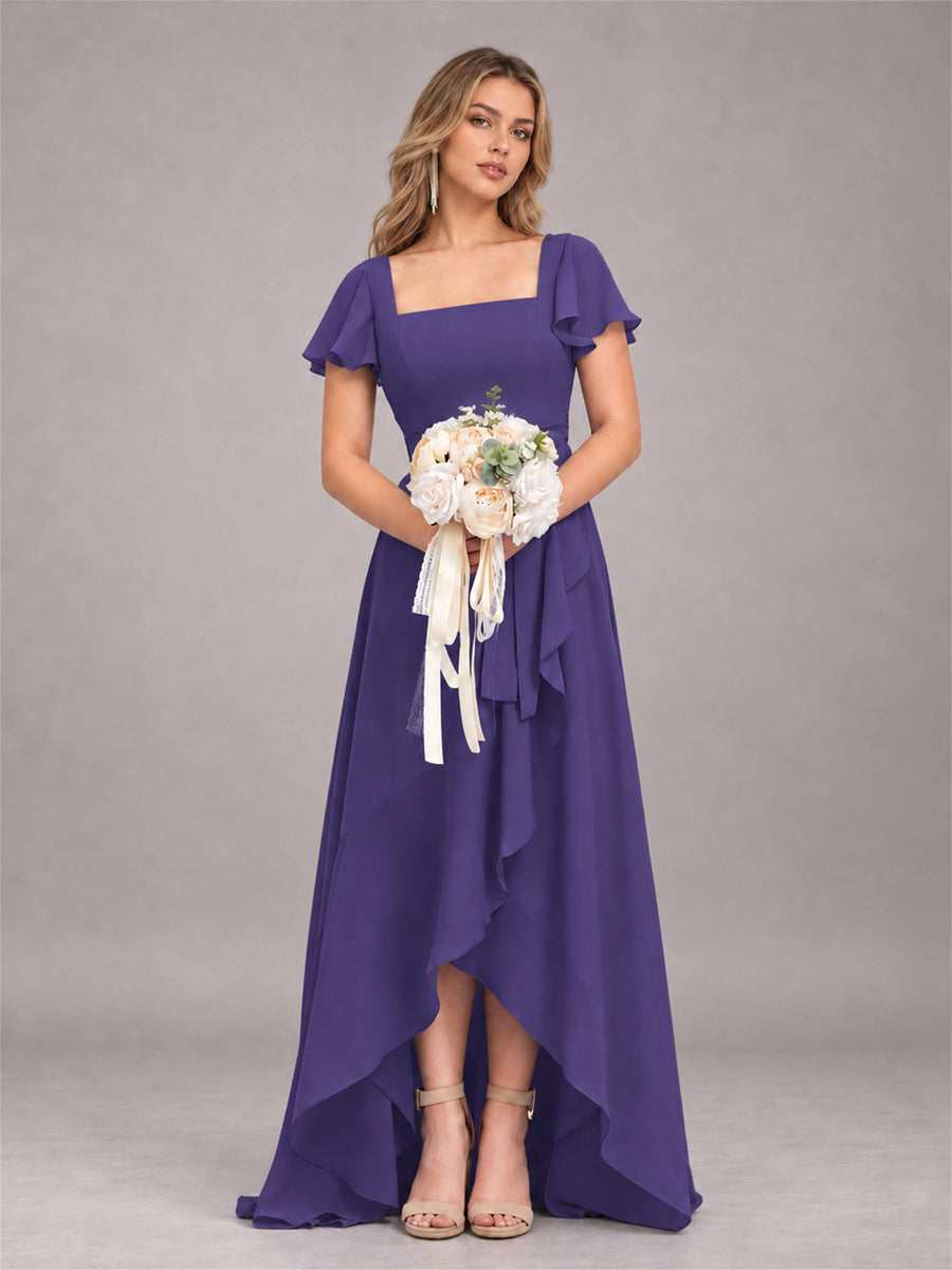 Regency Refined High Low Ruffles Chiffon Bridesmaid Dress with Belt