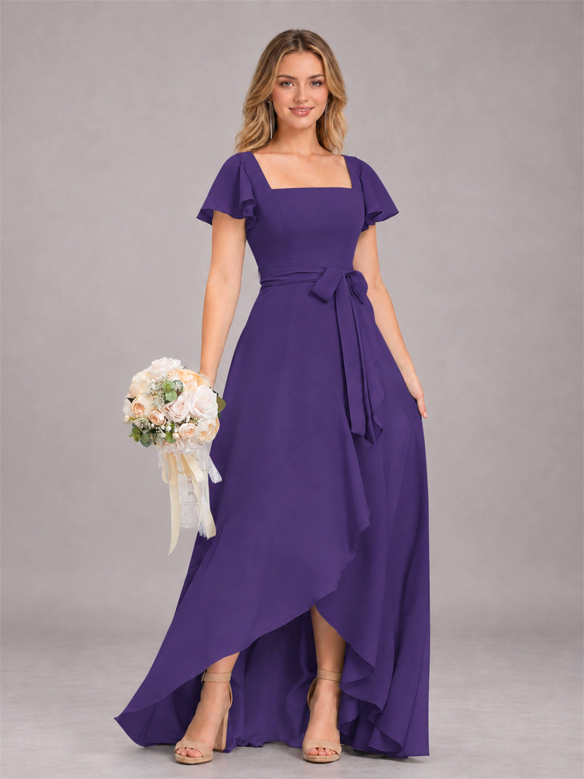 Regency Refined High Low Ruffles Chiffon Bridesmaid Dress with Belt