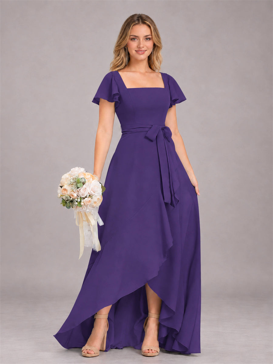 Regency Refined High Low Ruffles Chiffon Bridesmaid Dress with Belt
