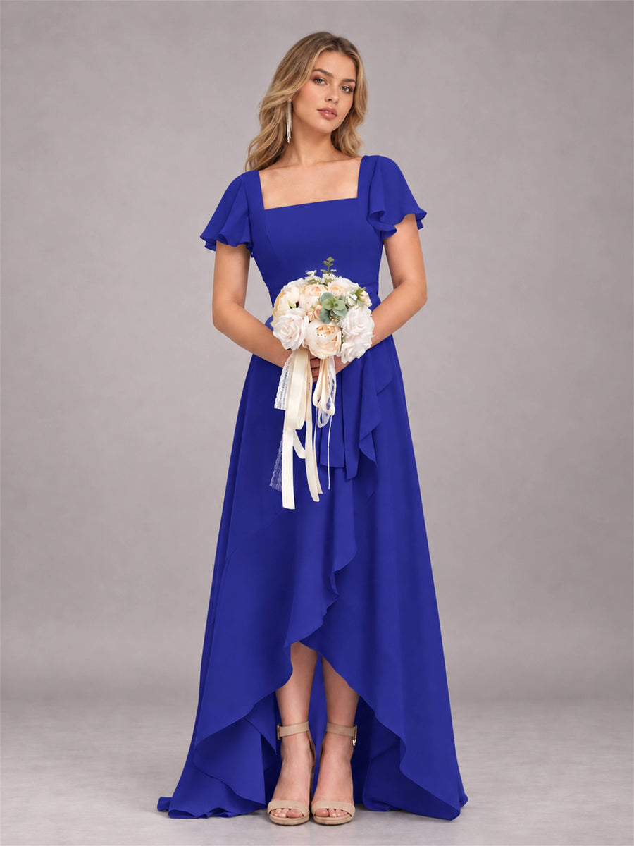 Royal Blue Refined High Low Ruffles Chiffon Bridesmaid Dress with Belt