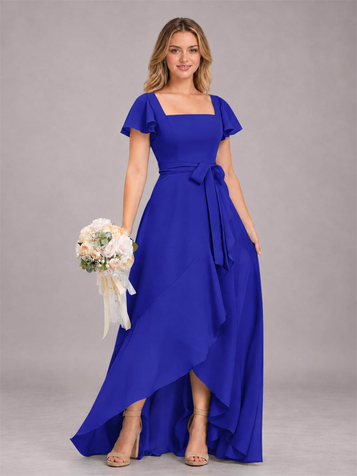 Royal Blue Refined High Low Ruffles Chiffon Bridesmaid Dress with Belt