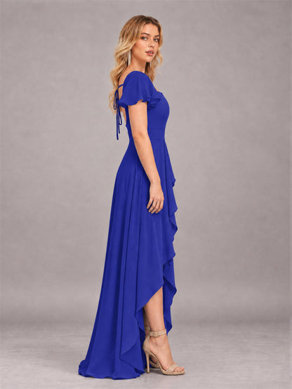 Royal Blue Refined High Low Ruffles Chiffon Bridesmaid Dress with Belt