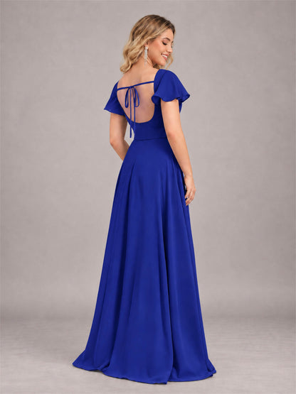 Royal Blue Refined High Low Ruffles Chiffon Bridesmaid Dress with Belt