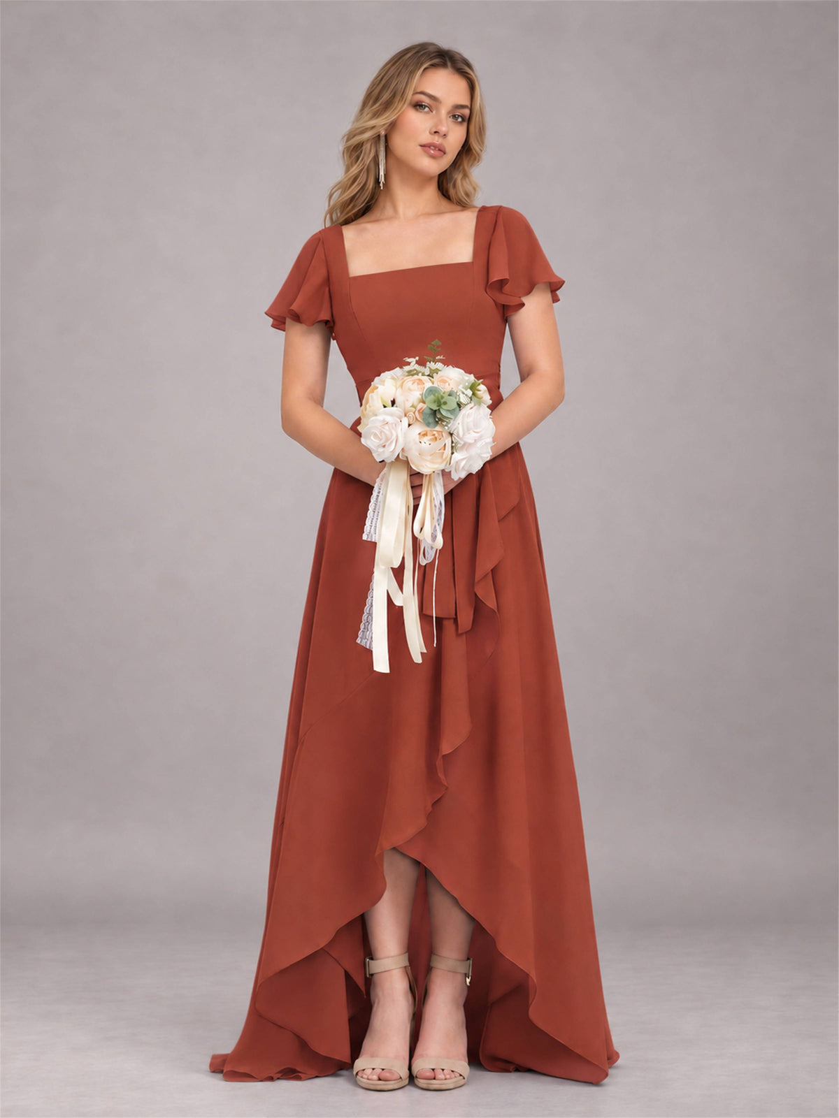 Rust Refined High Low Ruffles Chiffon Bridesmaid Dress with Belt