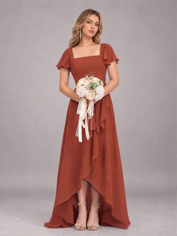 Rust Refined High Low Ruffles Chiffon Bridesmaid Dress with Belt