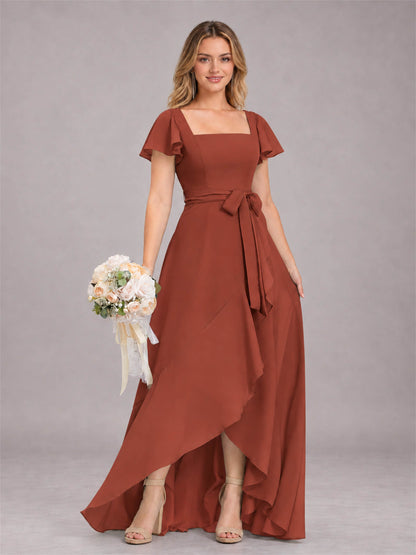 Rust Refined High Low Ruffles Chiffon Bridesmaid Dress with Belt