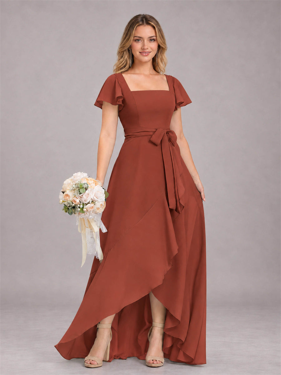 Rust Refined High Low Ruffles Chiffon Bridesmaid Dress with Belt