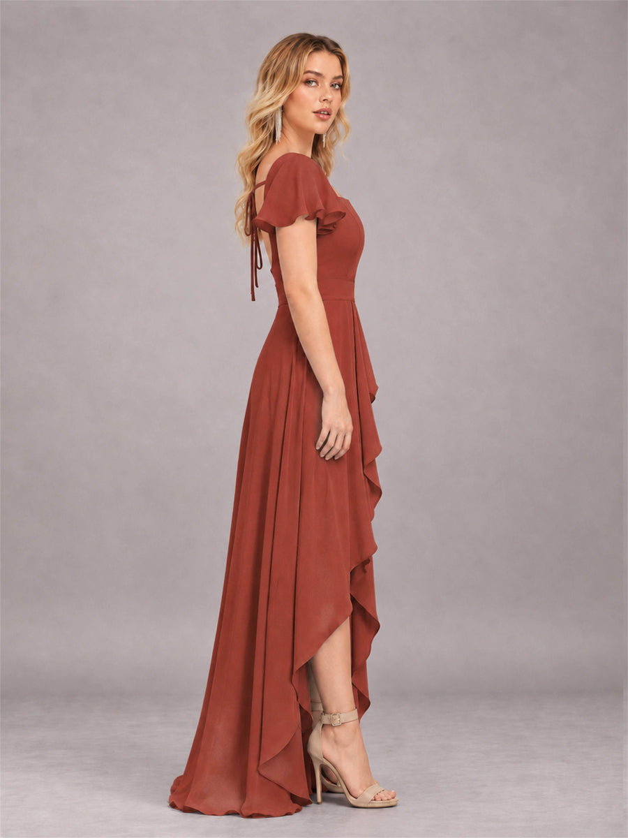 Rust Refined High Low Ruffles Chiffon Bridesmaid Dress with Belt