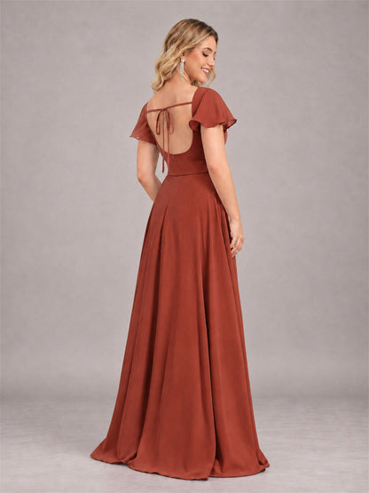 Rust Refined High Low Ruffles Chiffon Bridesmaid Dress with Belt
