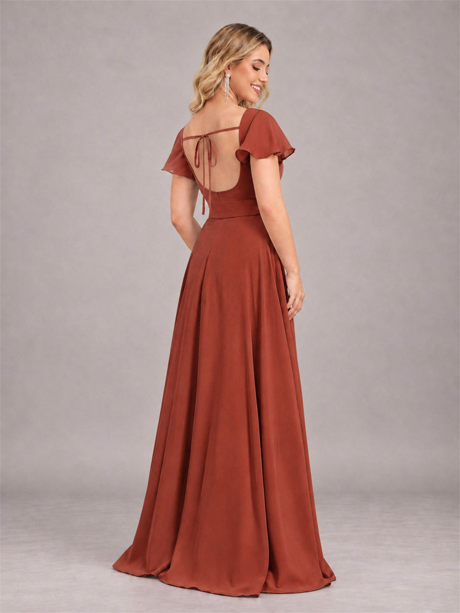 Rust Refined High Low Ruffles Chiffon Bridesmaid Dress with Belt