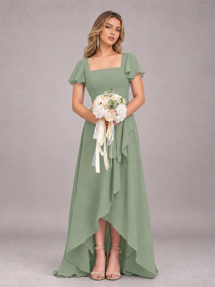 Sage Green Refined High Low Ruffles Chiffon Bridesmaid Dress with Belt