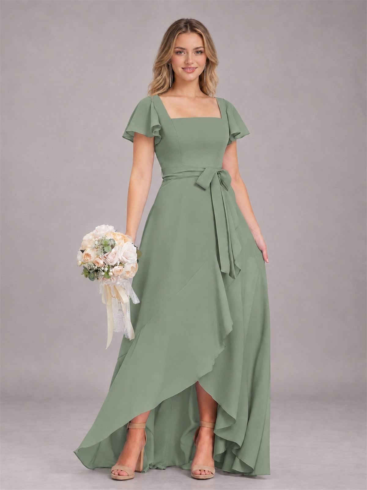 Sage Green Refined High Low Ruffles Chiffon Bridesmaid Dress with Belt