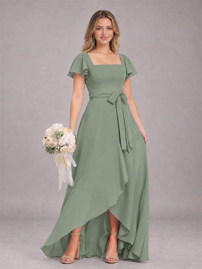 Sage Green Refined High Low Ruffles Chiffon Bridesmaid Dress with Belt