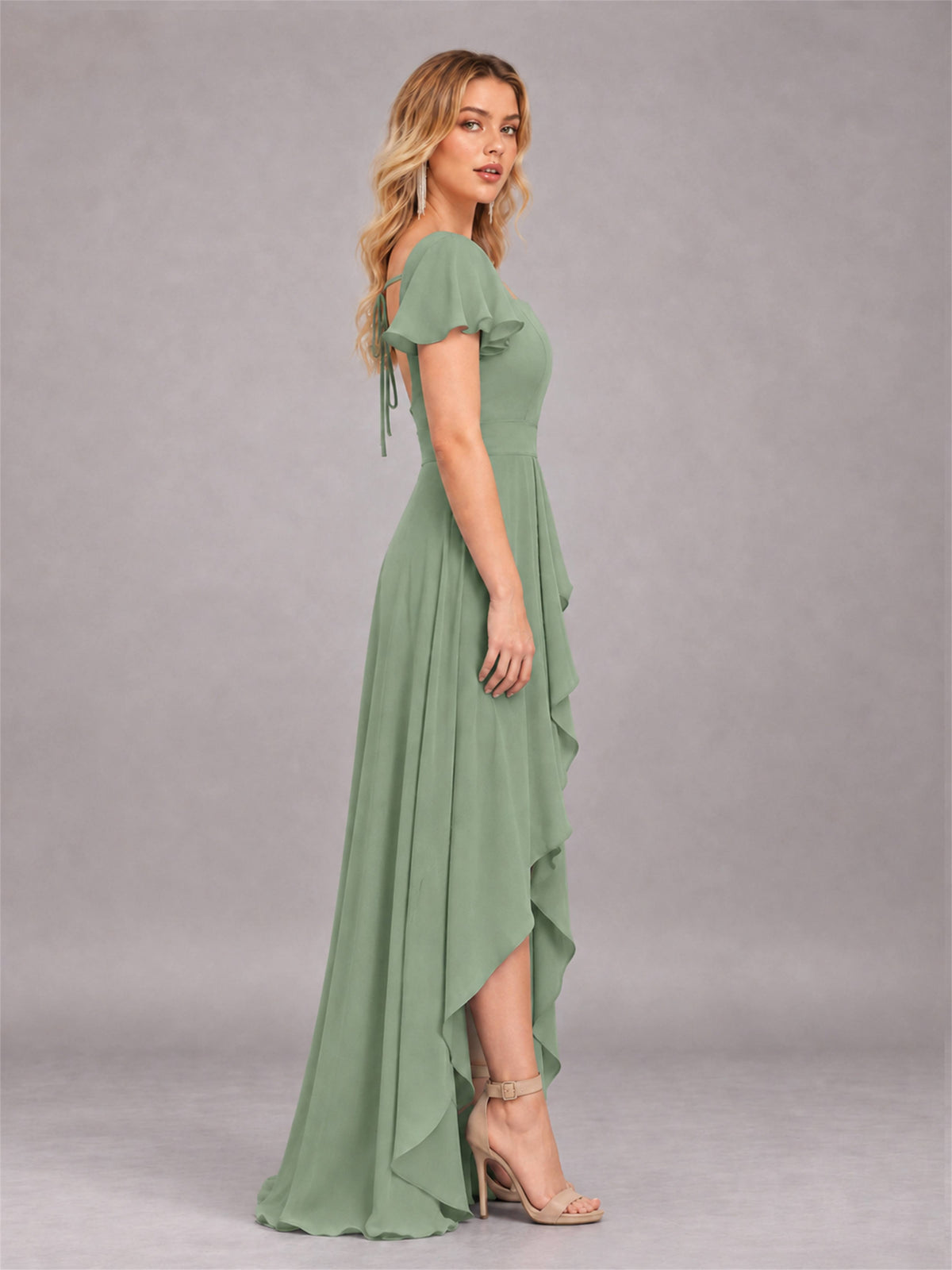 Sage Green Refined High Low Ruffles Chiffon Bridesmaid Dress with Belt
