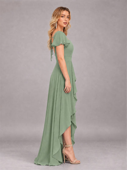 Sage Green Refined High Low Ruffles Chiffon Bridesmaid Dress with Belt