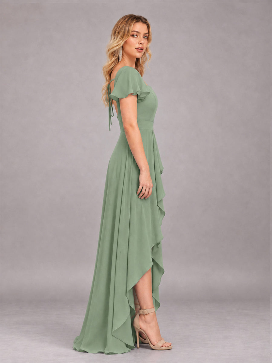 Sage Green Refined High Low Ruffles Chiffon Bridesmaid Dress with Belt