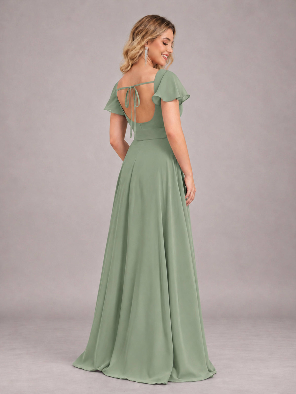 Sage Green Refined High Low Ruffles Chiffon Bridesmaid Dress with Belt