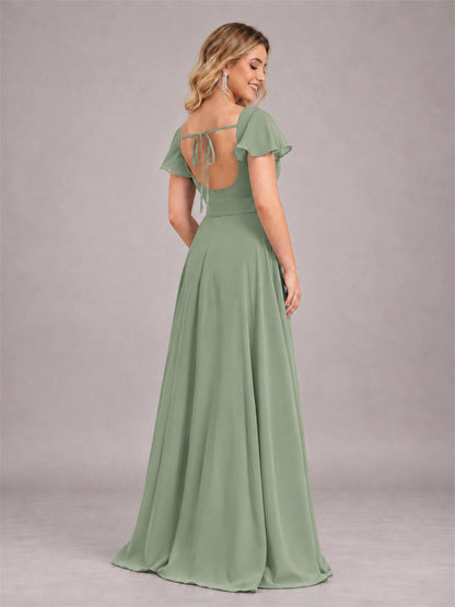 Sage Green Refined High Low Ruffles Chiffon Bridesmaid Dress with Belt