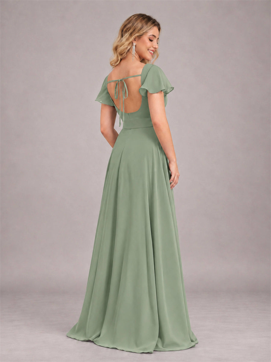 Sage Green Refined High Low Ruffles Chiffon Bridesmaid Dress with Belt