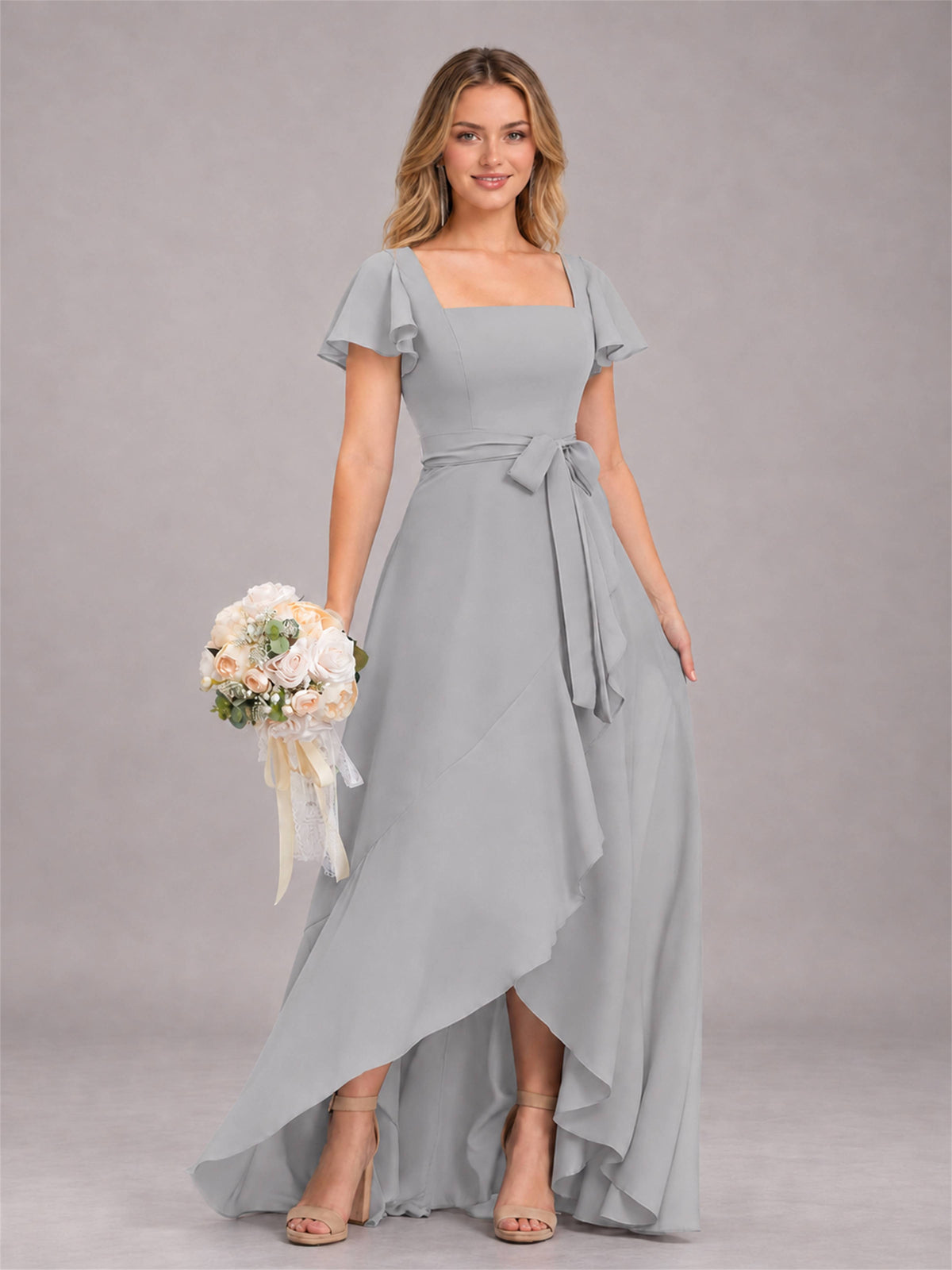Silver Refined High Low Ruffles Chiffon Bridesmaid Dress with Belt