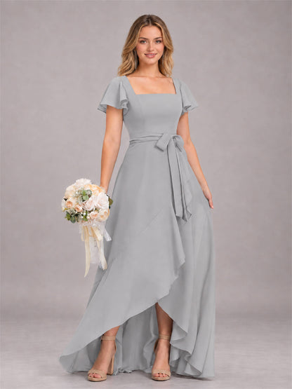 Silver Refined High Low Ruffles Chiffon Bridesmaid Dress with Belt