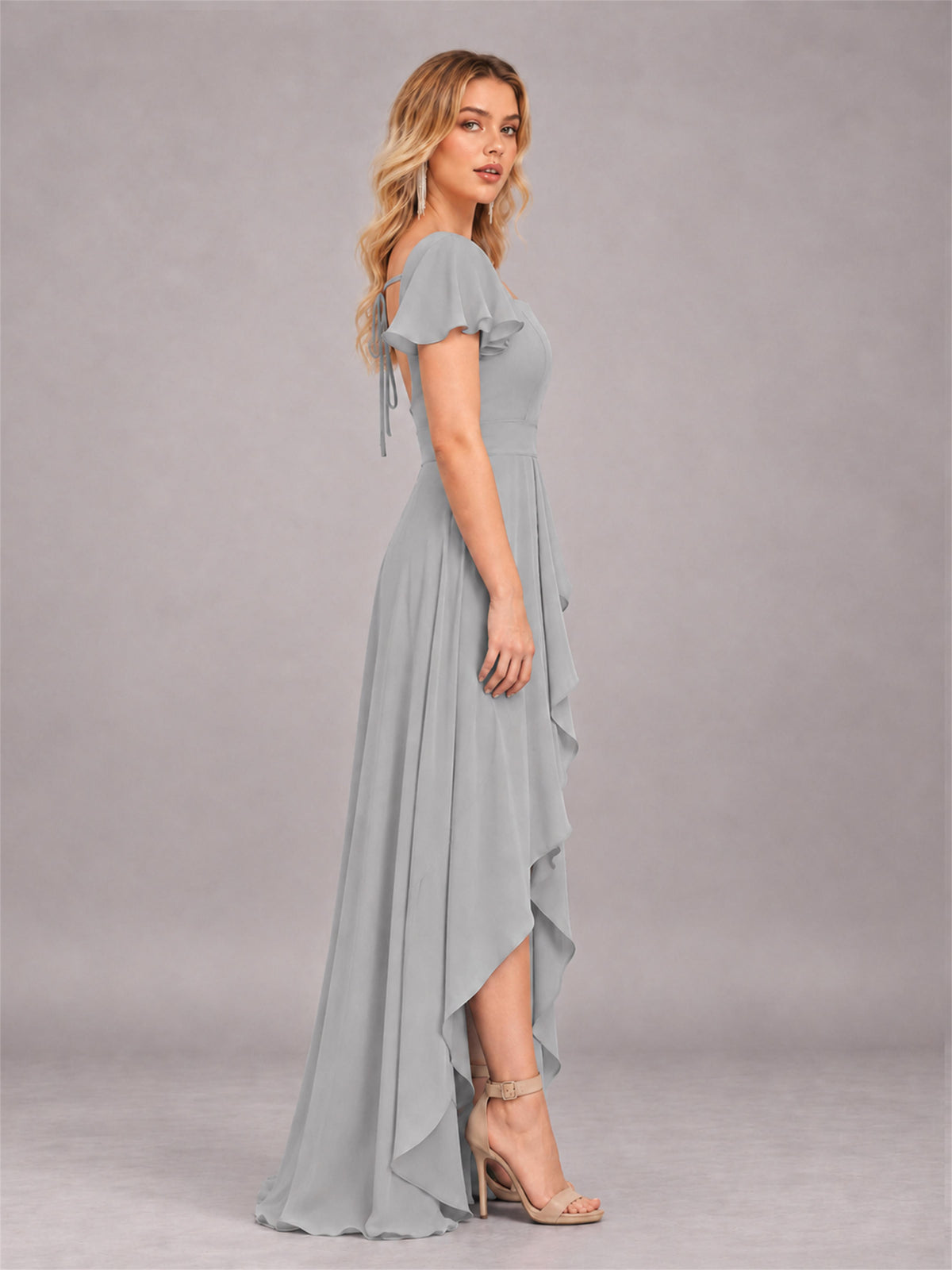 Silver Refined High Low Ruffles Chiffon Bridesmaid Dress with Belt
