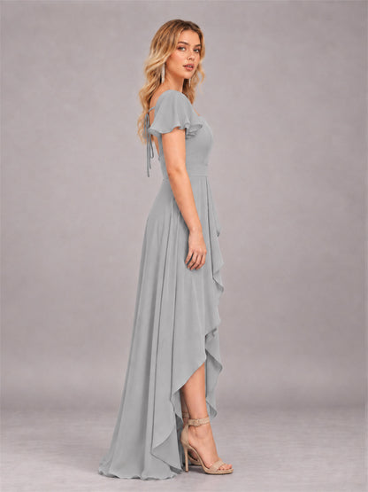 Silver Refined High Low Ruffles Chiffon Bridesmaid Dress with Belt