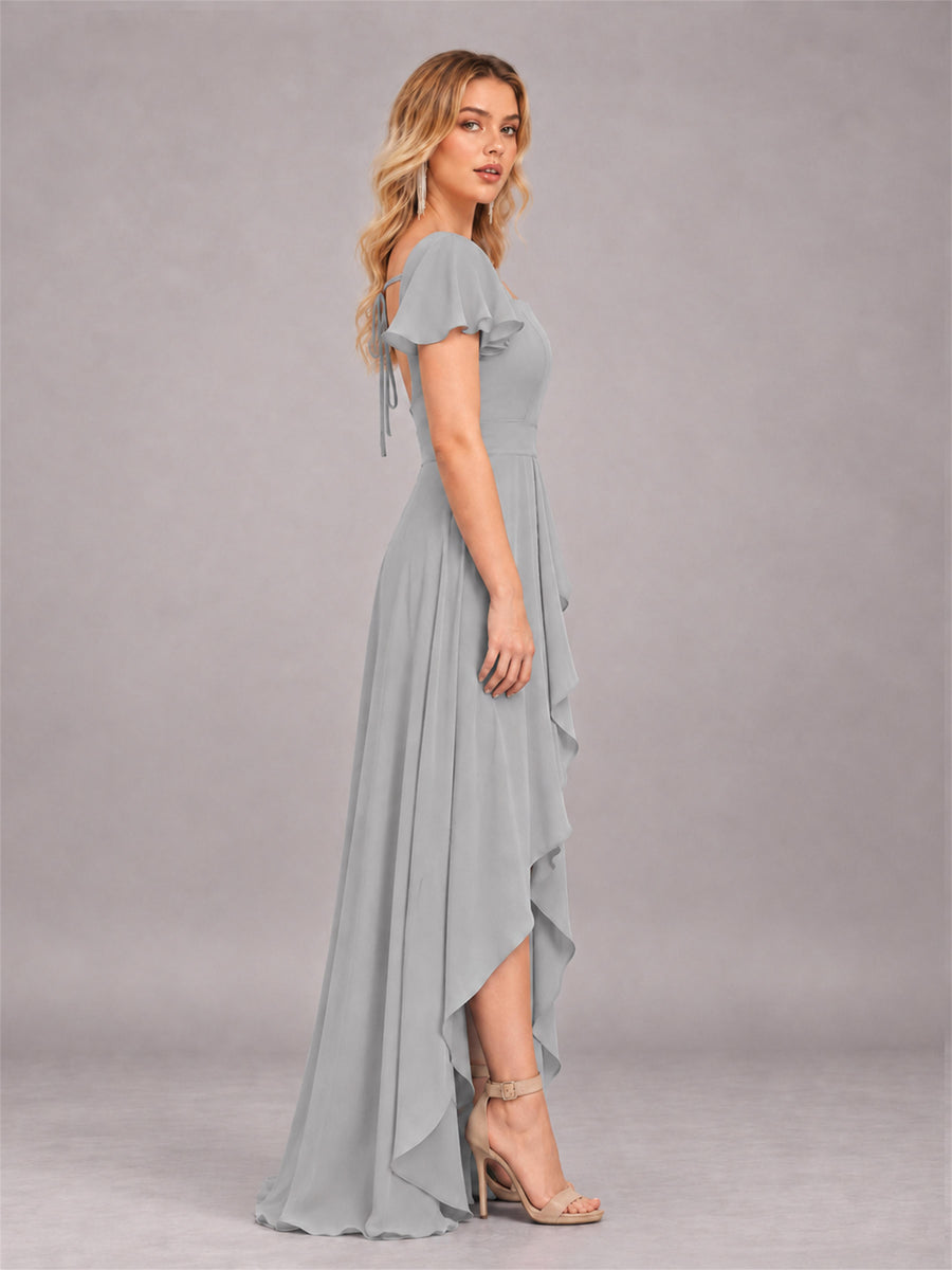 Silver Refined High Low Ruffles Chiffon Bridesmaid Dress with Belt