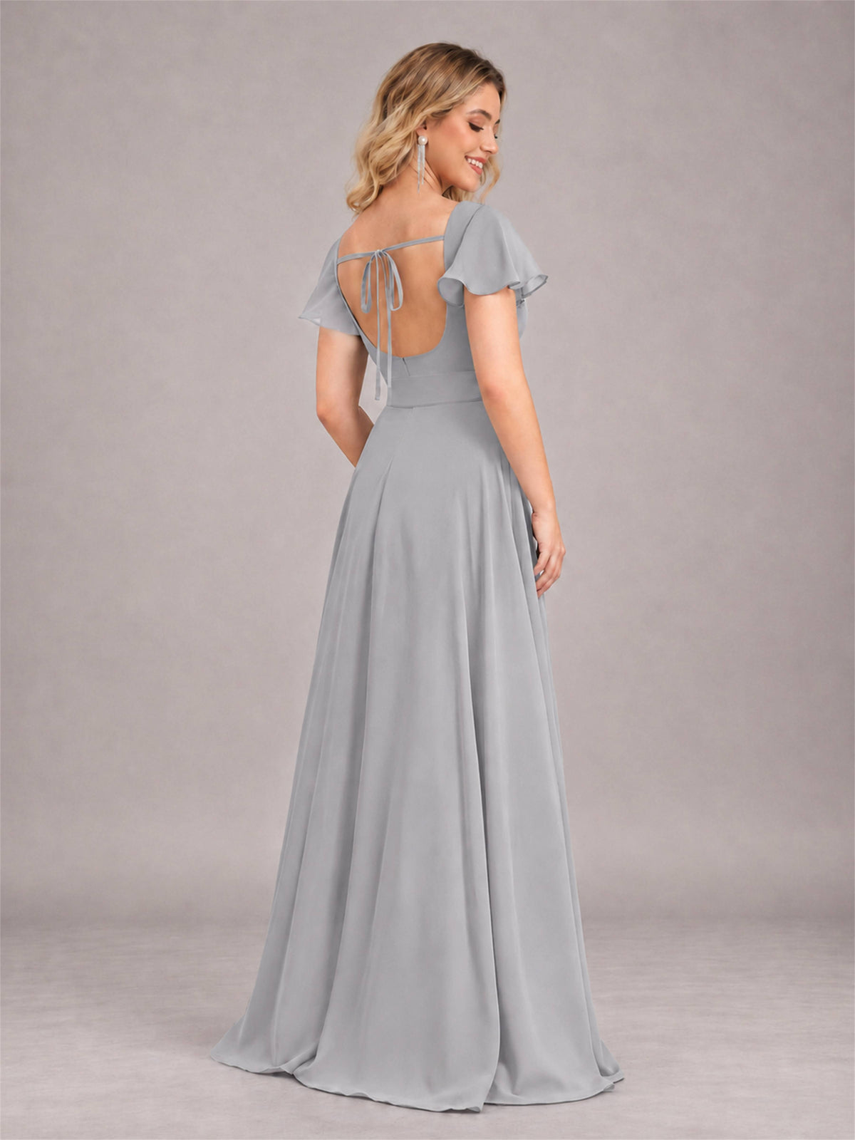 Silver Refined High Low Ruffles Chiffon Bridesmaid Dress with Belt