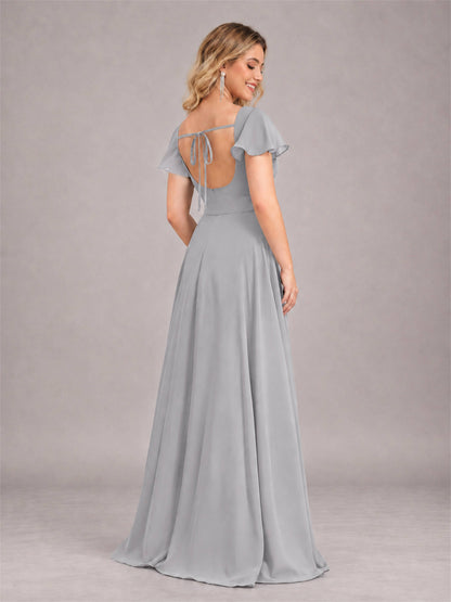 Silver Refined High Low Ruffles Chiffon Bridesmaid Dress with Belt
