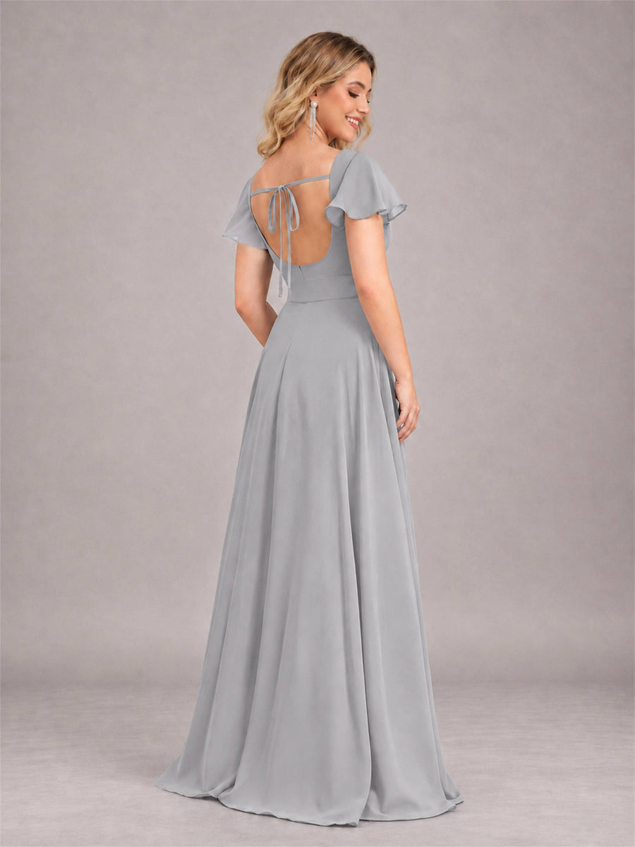 Silver Refined High Low Ruffles Chiffon Bridesmaid Dress with Belt