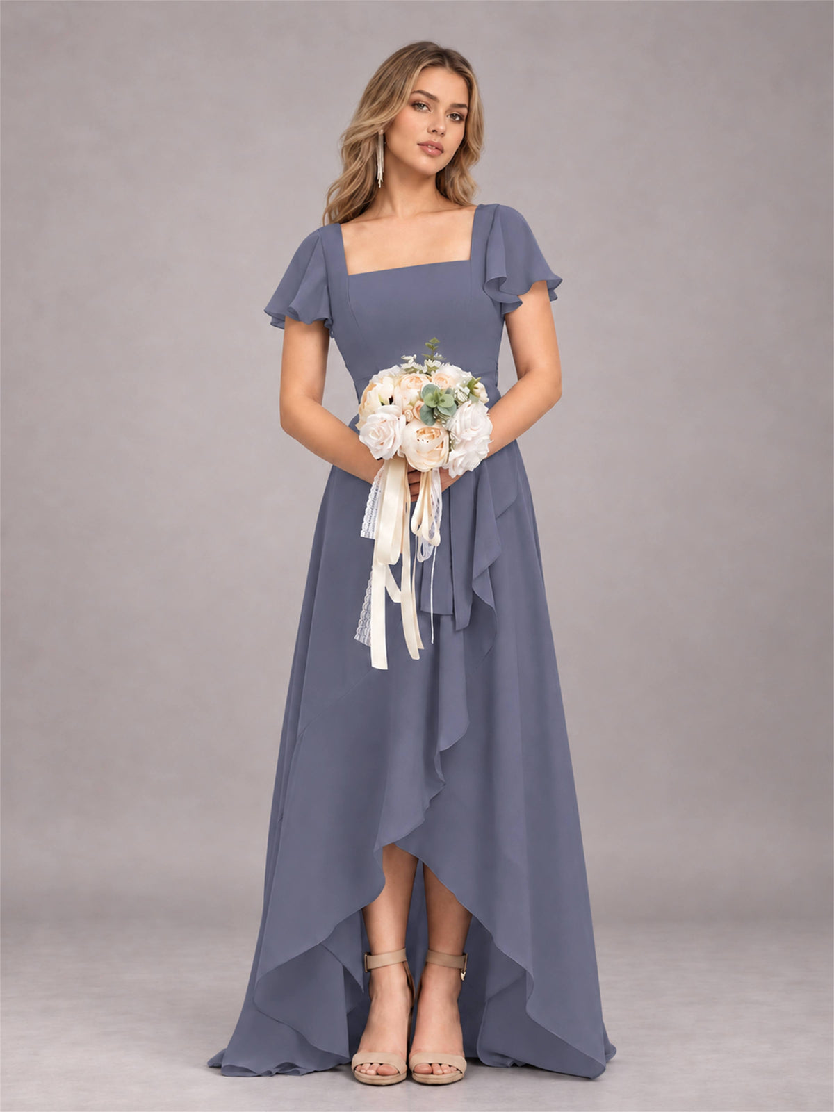 Stormy Blue Refined High Low Ruffles Chiffon Bridesmaid Dress with Belt