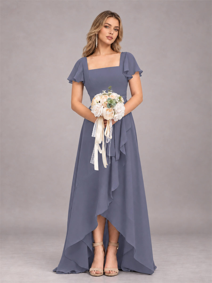 Stormy Blue Refined High Low Ruffles Chiffon Bridesmaid Dress with Belt